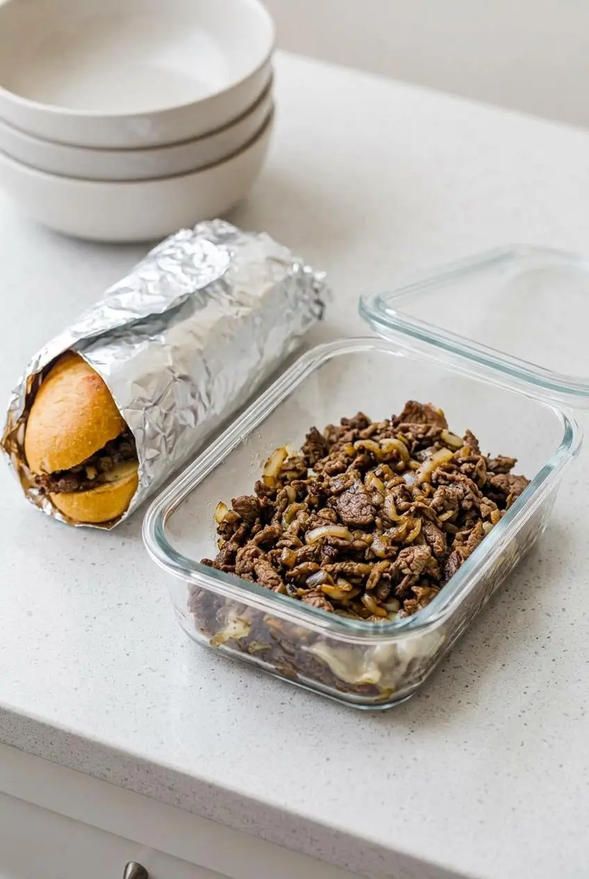 Cooked cheesesteak ribeye filling in a glass container next to a foil-wrapped sandwich ready for reheating