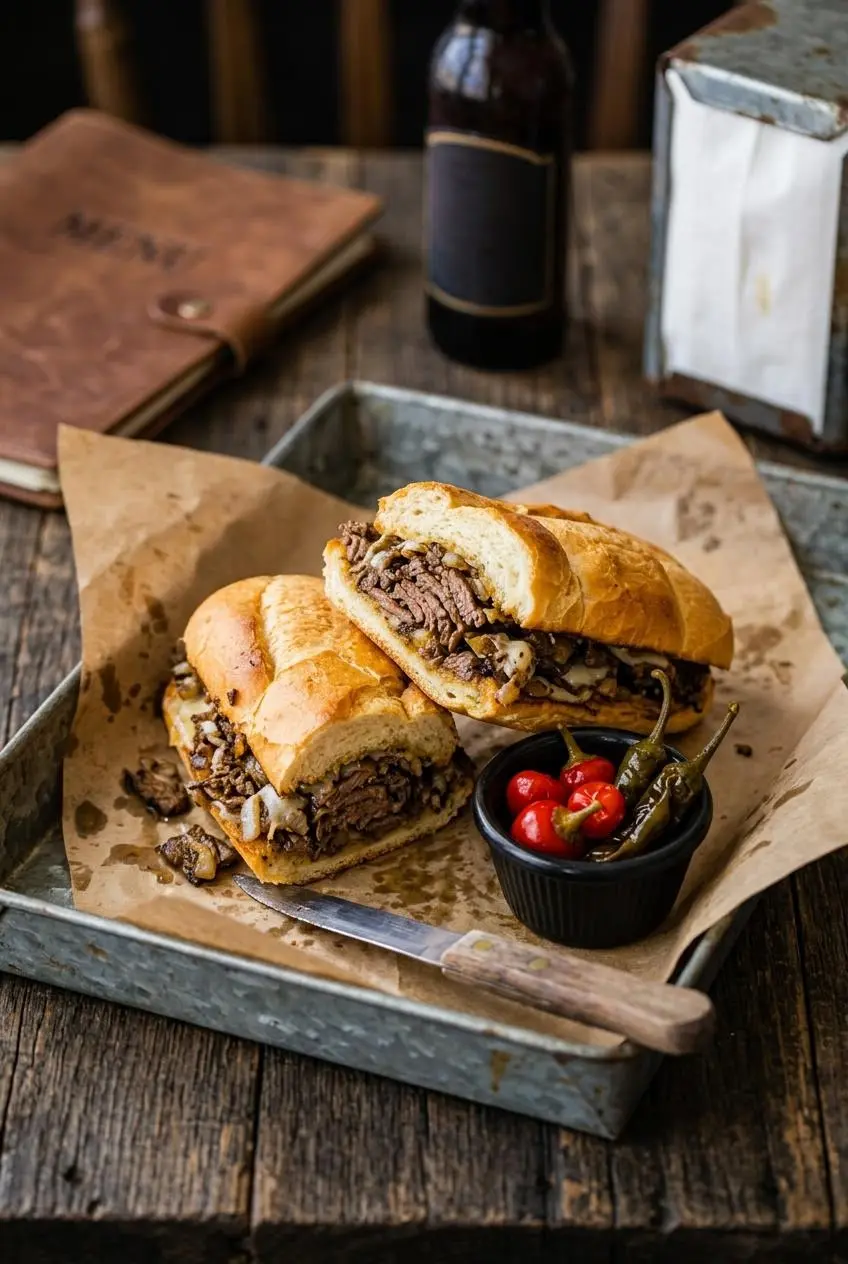 Halved Philly cheesesteak served on butcher paper with sliced hot cherry peppers and long hots on the side