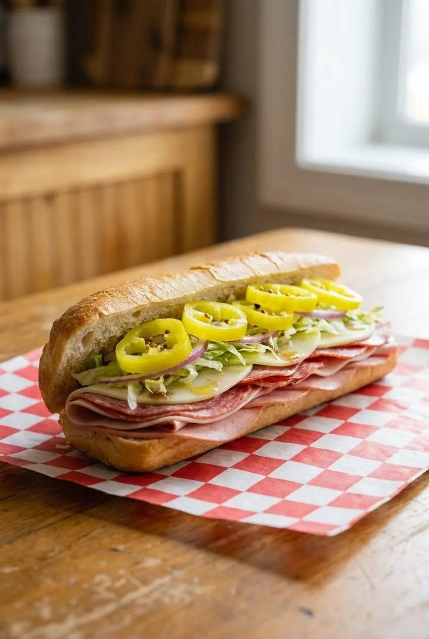 Classic Italian sub sandwich piled with deli meats, provolone cheese, and bright pickled banana pepper rings.