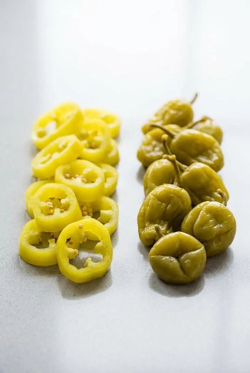 Direct comparison between smooth yellow banana pepper rings and slightly wrinkled, olive-green pickled pepperoncini.