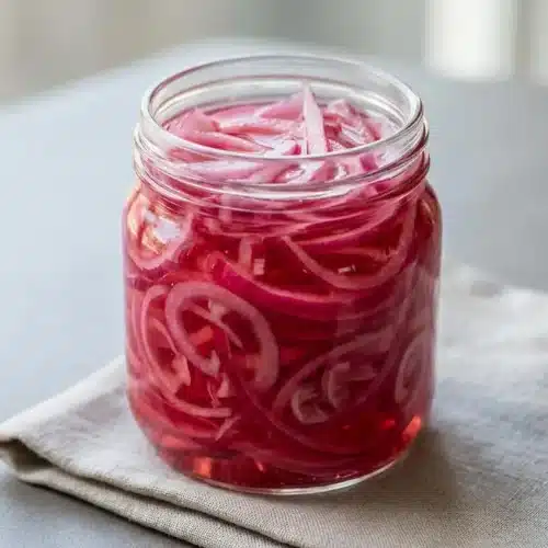 Vibrant pink quick pickled red onion slices resting in a clear glass mason jar with vinegar brine.
