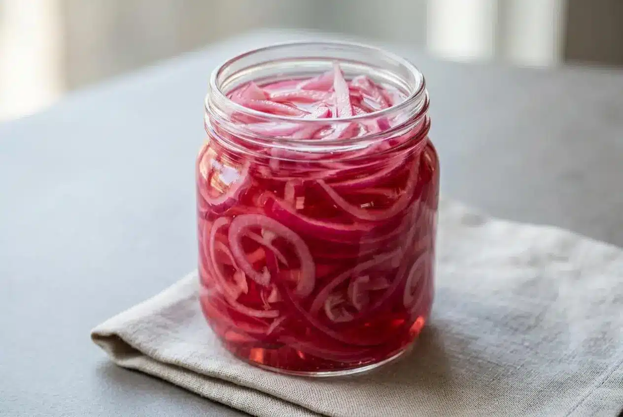 Vibrant pink quick pickled red onion slices resting in a clear glass mason jar with vinegar brine.