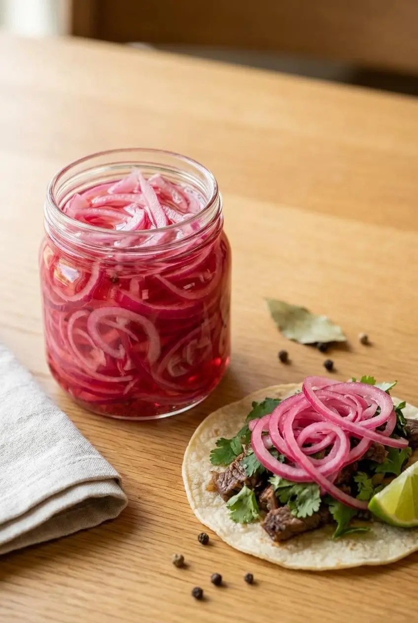 A street taco topped with vibrant pink pickled red onions next to an open jar of onions on a light oak table.