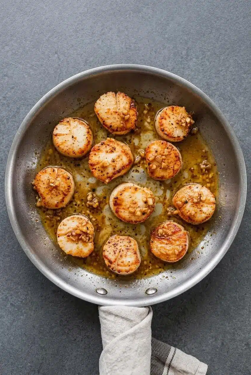 Plated pan-seared scallops with garlic lemon butter pan sauce and chopped parsley on a dinner plate.