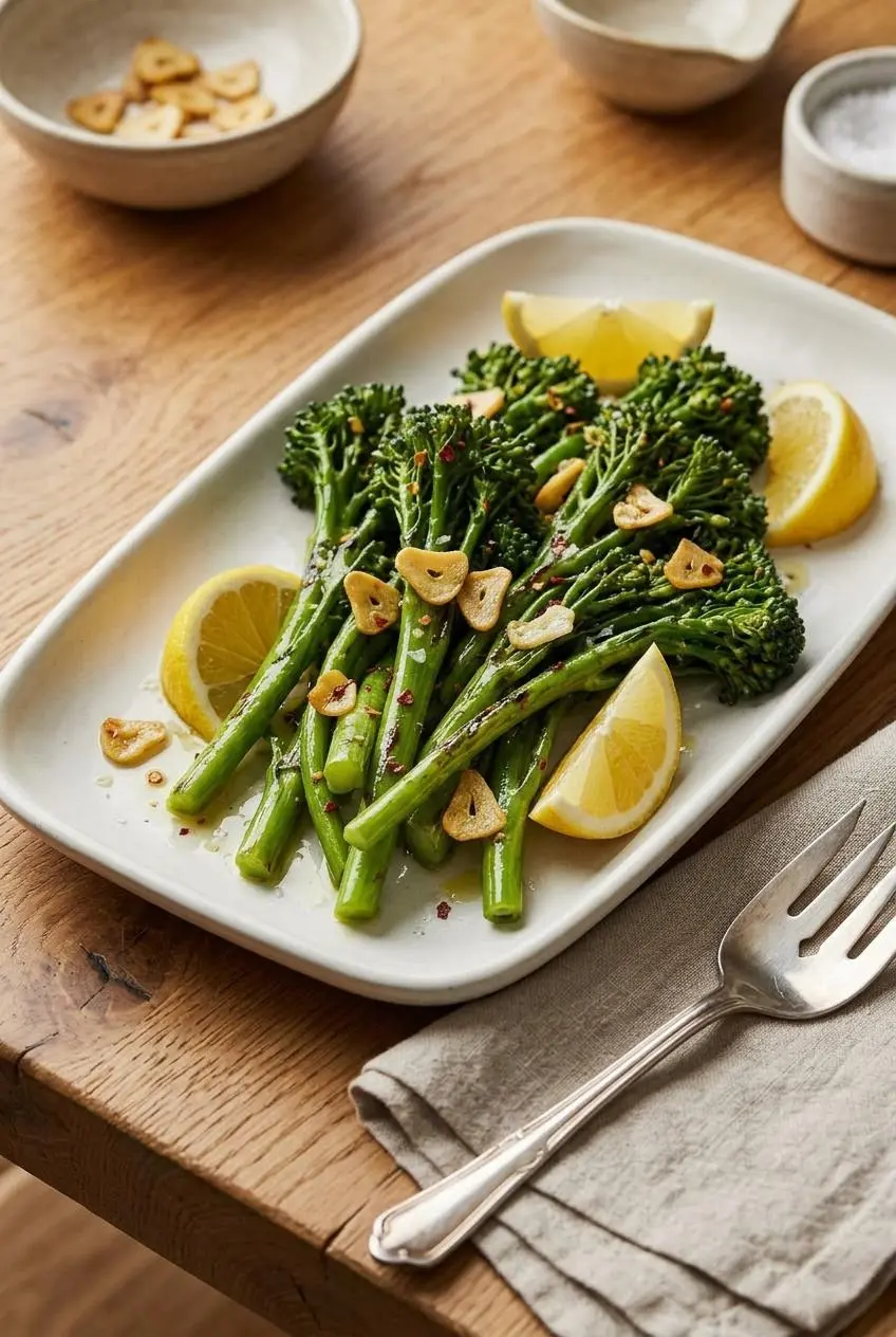 Platter of garlic lemon broccolini arranged on a ceramic serving dish on a wood dining table.