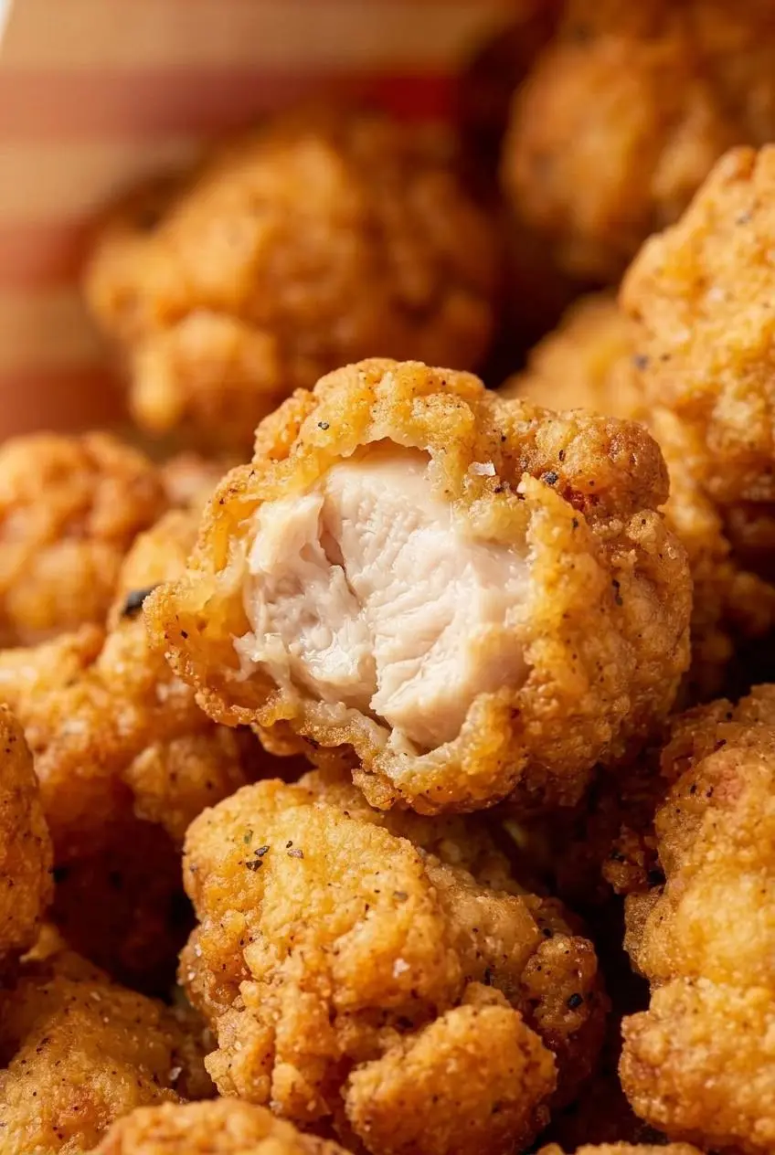 Close up of a crispy popcorn chicken bite broken open to reveal juicy, tender meat.