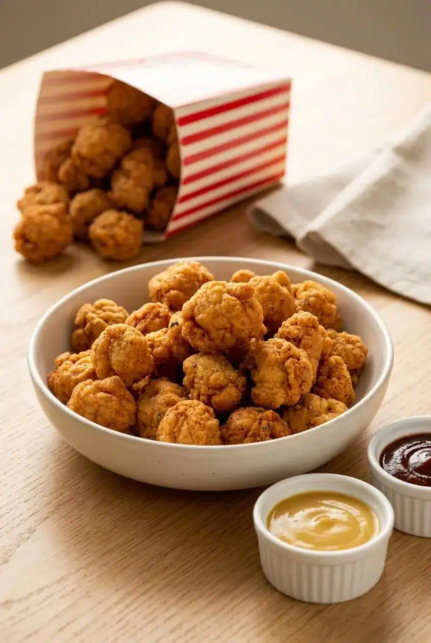 Bowl of golden popcorn chicken served with honey mustard and barbecue dipping sauces.