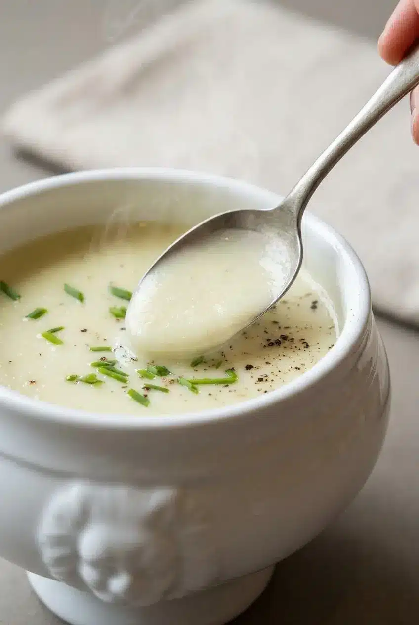 Spoon lifting velvety potato leek soup showing a smooth, non-gummy pureed texture.