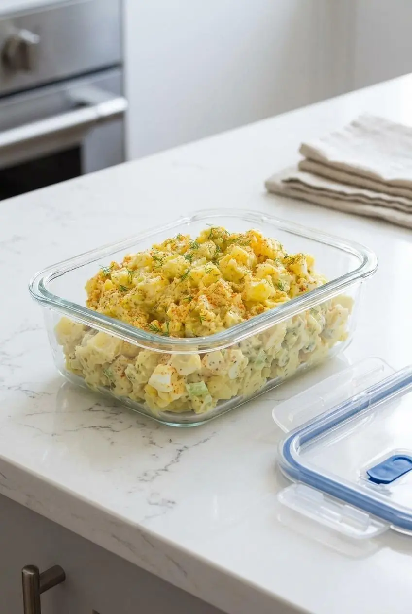 Potato salad stored in a clear glass airtight meal prep container on a kitchen counter.