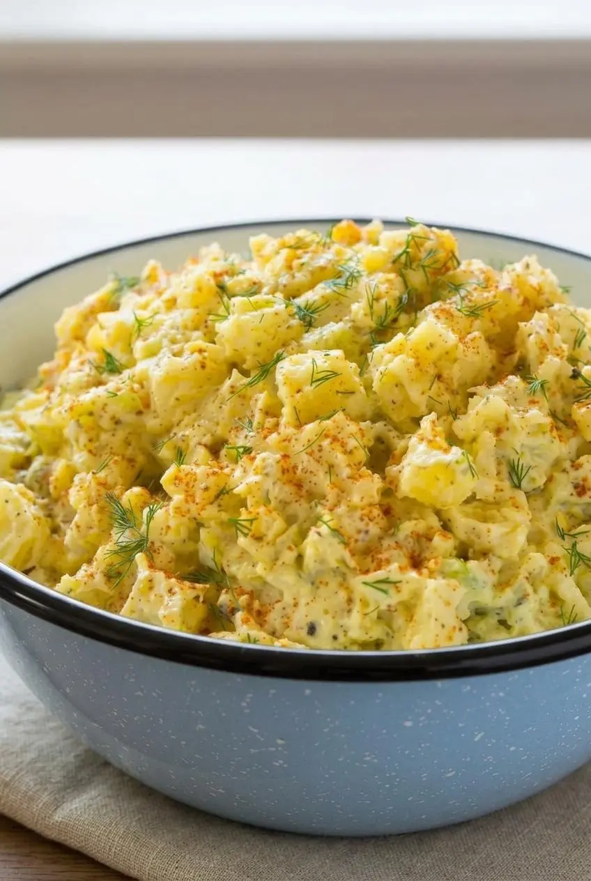 Close-up of tender Yukon Gold potato chunks coated in creamy mayonnaise dressing with diced egg and dill.