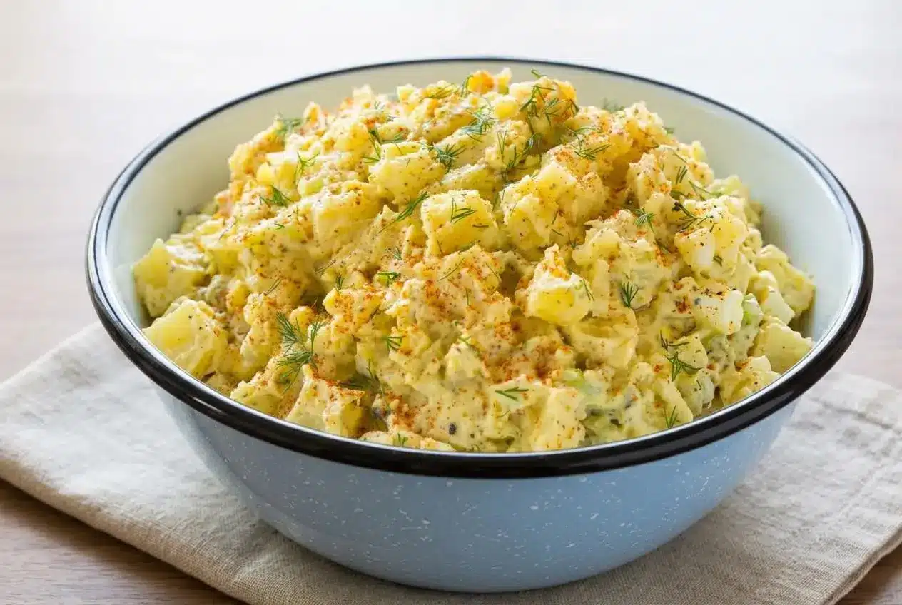 Potato salad recipe featuring tender Yukon Gold potatoes in a creamy dressing with hard-boiled eggs and fresh dill.