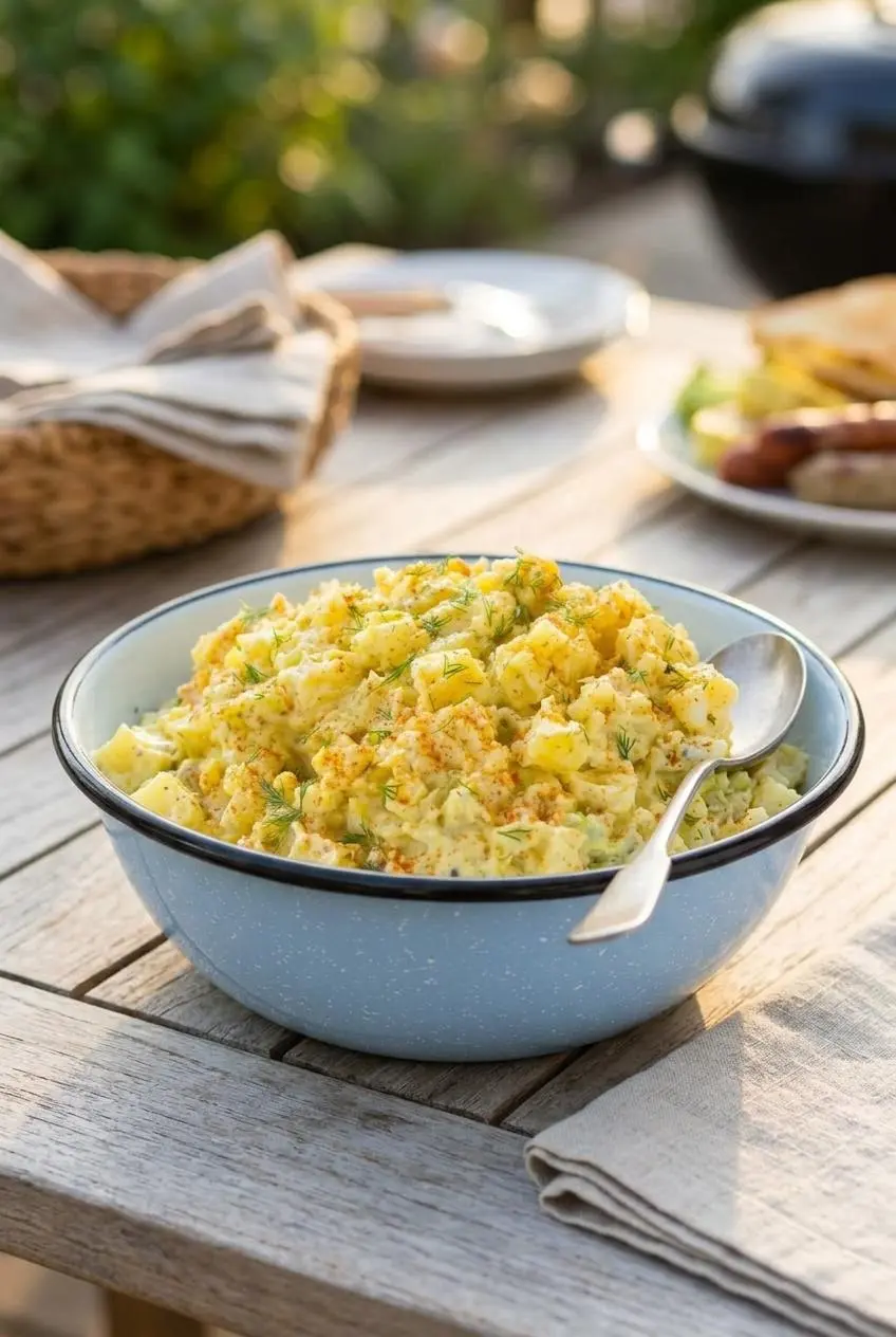 Bowl of creamy potato salad garnished with dill and paprika on an outdoor picnic table.