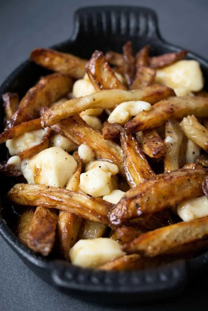 Close-up of rich brown dual-broth gravy coating crispy french fry batons and tender white cheddar cheese curds.
