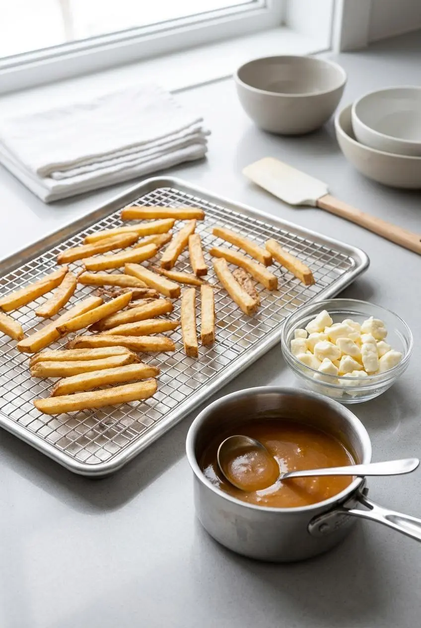 Double-fried potato batons on a wire cooling rack beside a saucepan of warm gravy and fresh cheese curds.