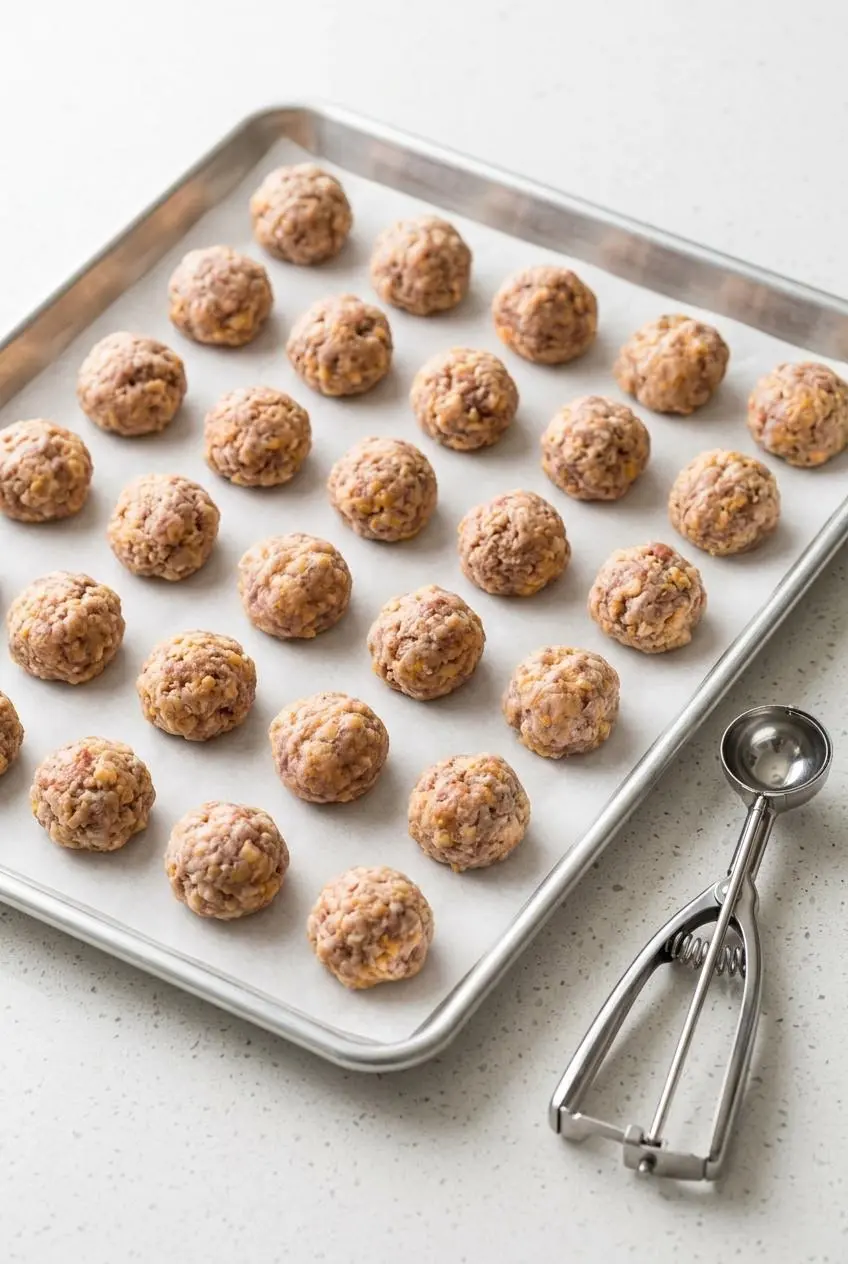 Raw portioned sausage balls arranged in neat rows on a baking sheet with a cookie scoop nearby.