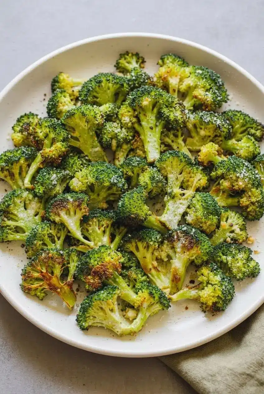 Sliced roasted broccoli stem coins with tender golden edges arranged on a ceramic prep tray.