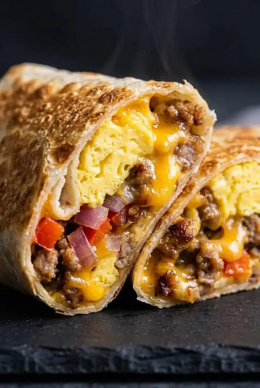 Close-up texture of a sliced breakfast burrito with melted cheddar barrier and toasted tortilla crust.