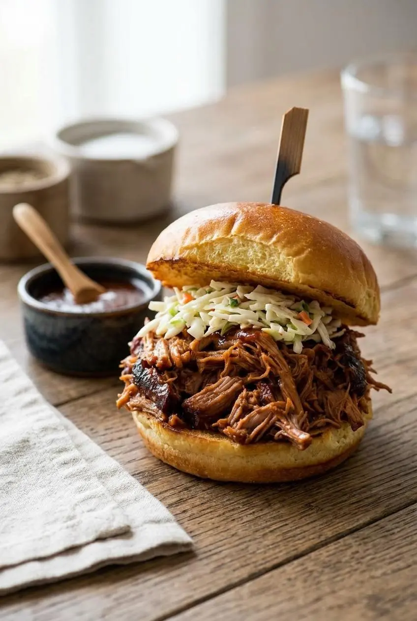 Toasted brioche slider bun piled with warm pulled pork, crisp vinegar coleslaw, and tangy barbecue sauce.