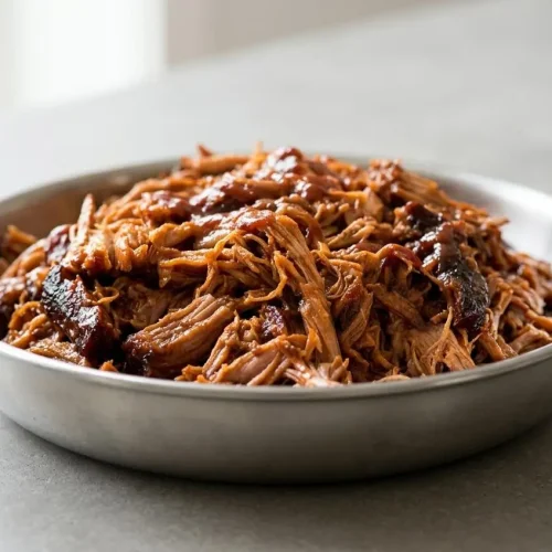 Tender pulled pork recipe with glossy barbecue sauce and crispy roasted bark edges.