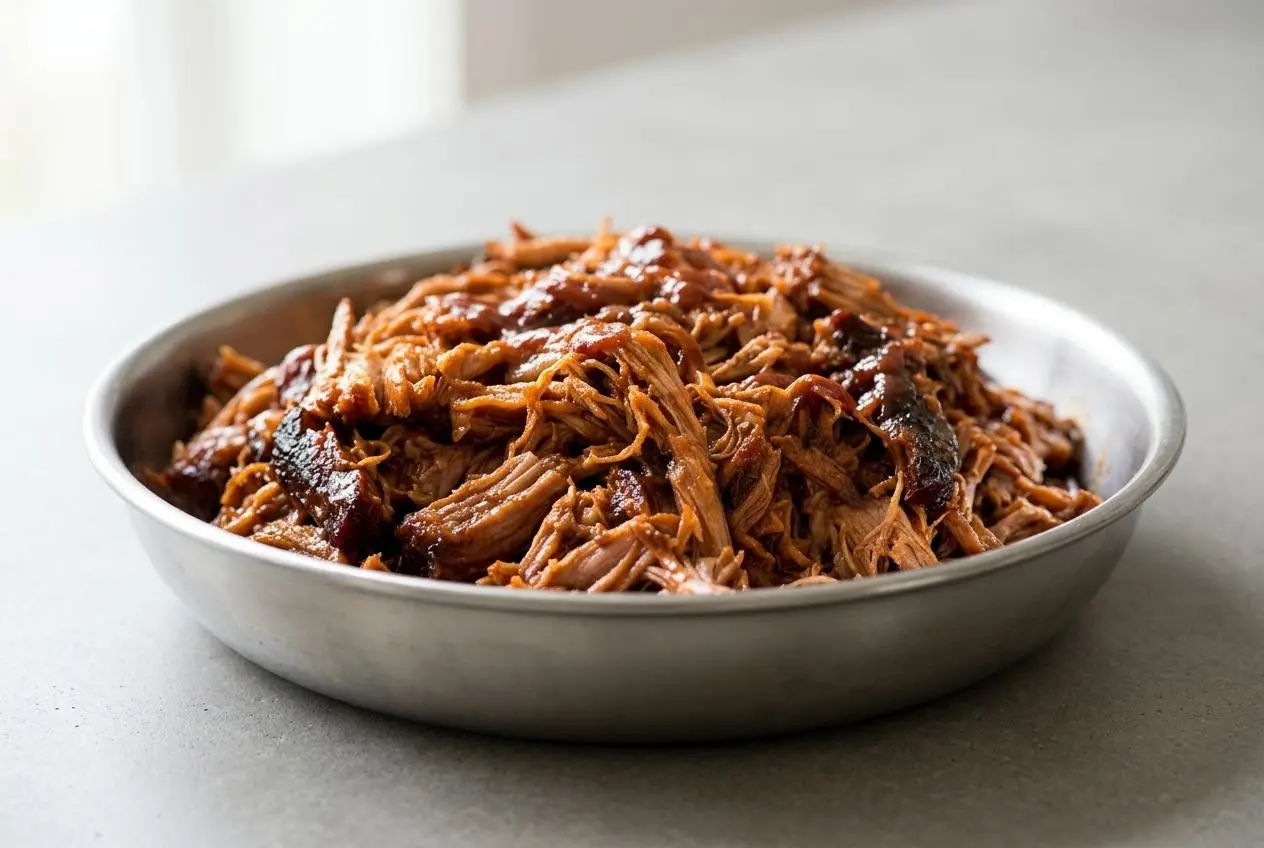 Tender pulled pork recipe with glossy barbecue sauce and crispy roasted bark edges.