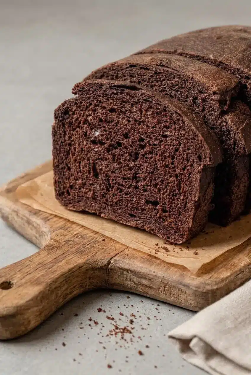 Close-up of sliced pumpernickel bread showing an airy tender crumb and crisp matte crust.