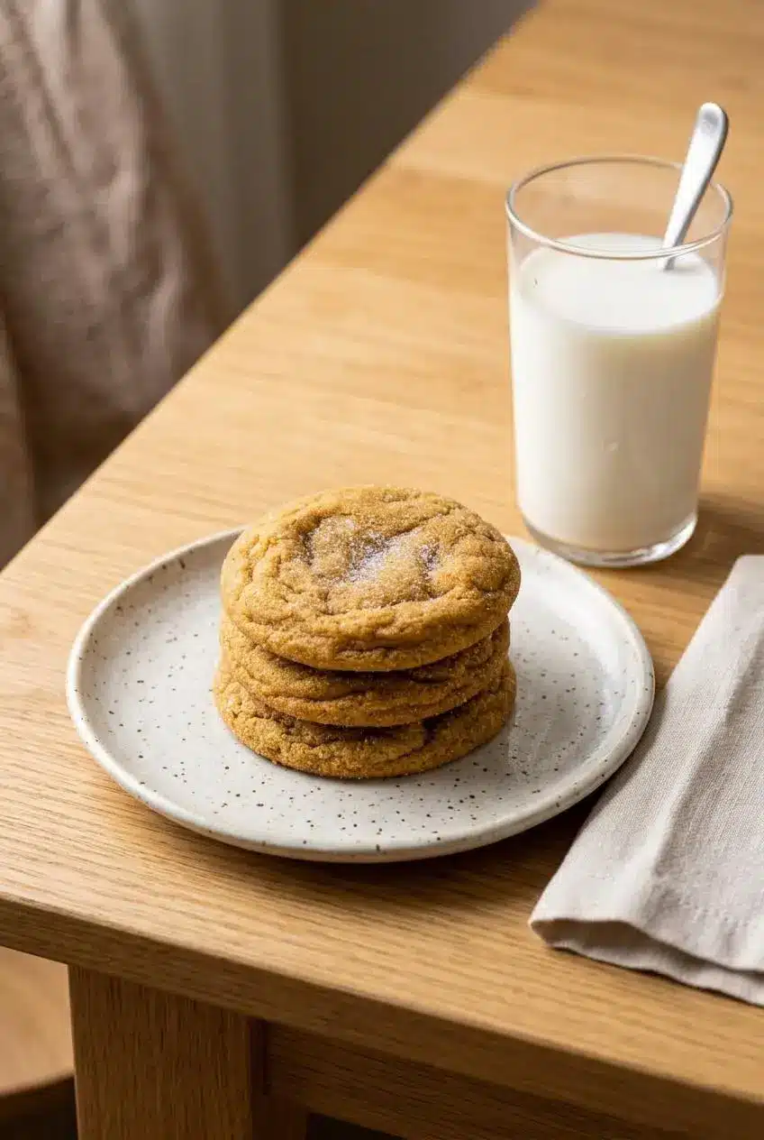 Stack of chewy pumpkin cookies on a plate beside a glass of cold milk.