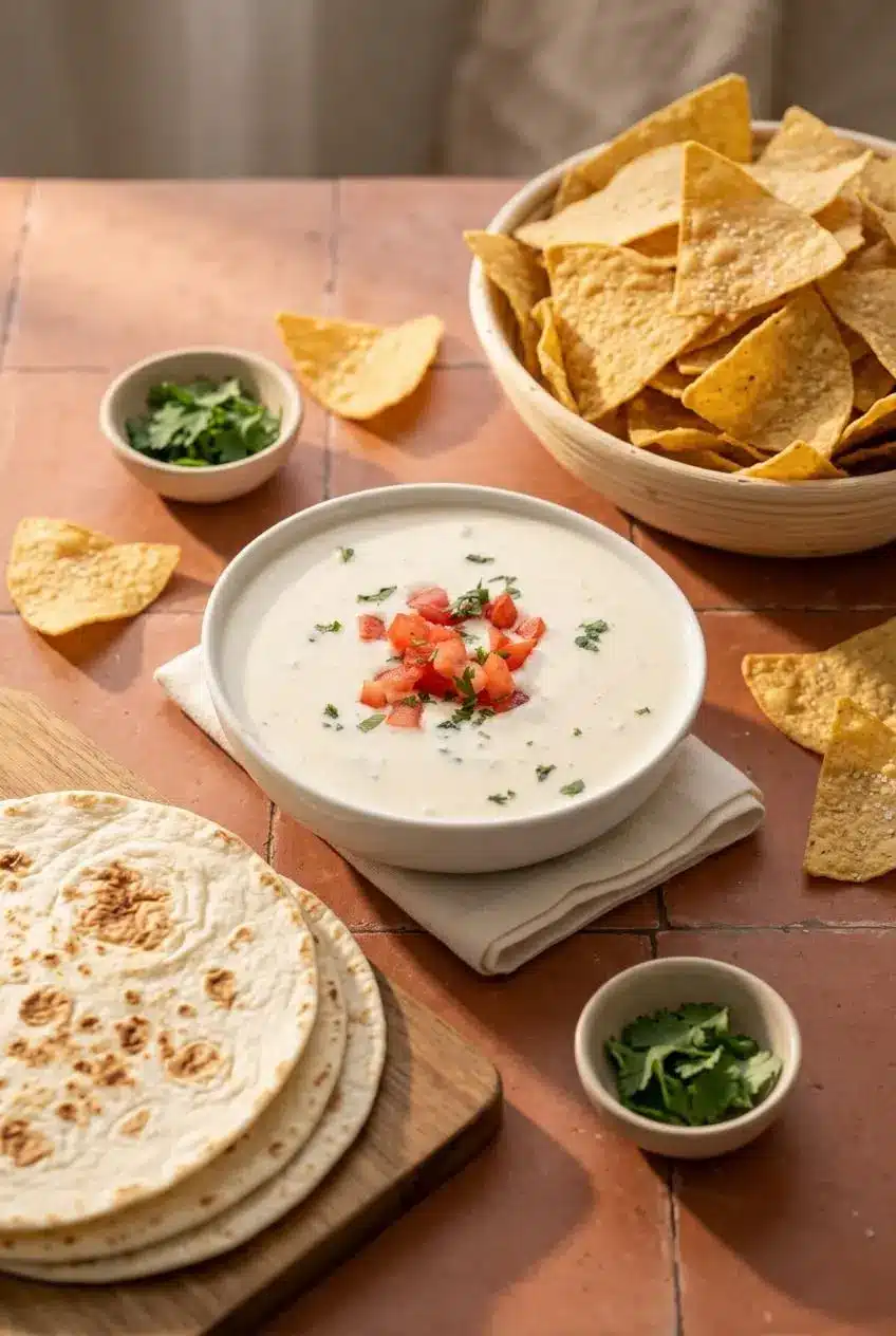 Warm bowl of creamy queso blanco served with golden tortilla chips and soft flour tortillas.
