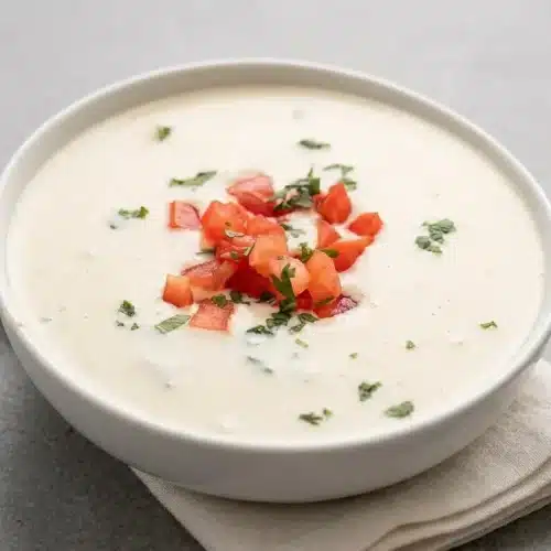 Silky white queso recipe served warm with a glossy finish and flecks of green chiles.