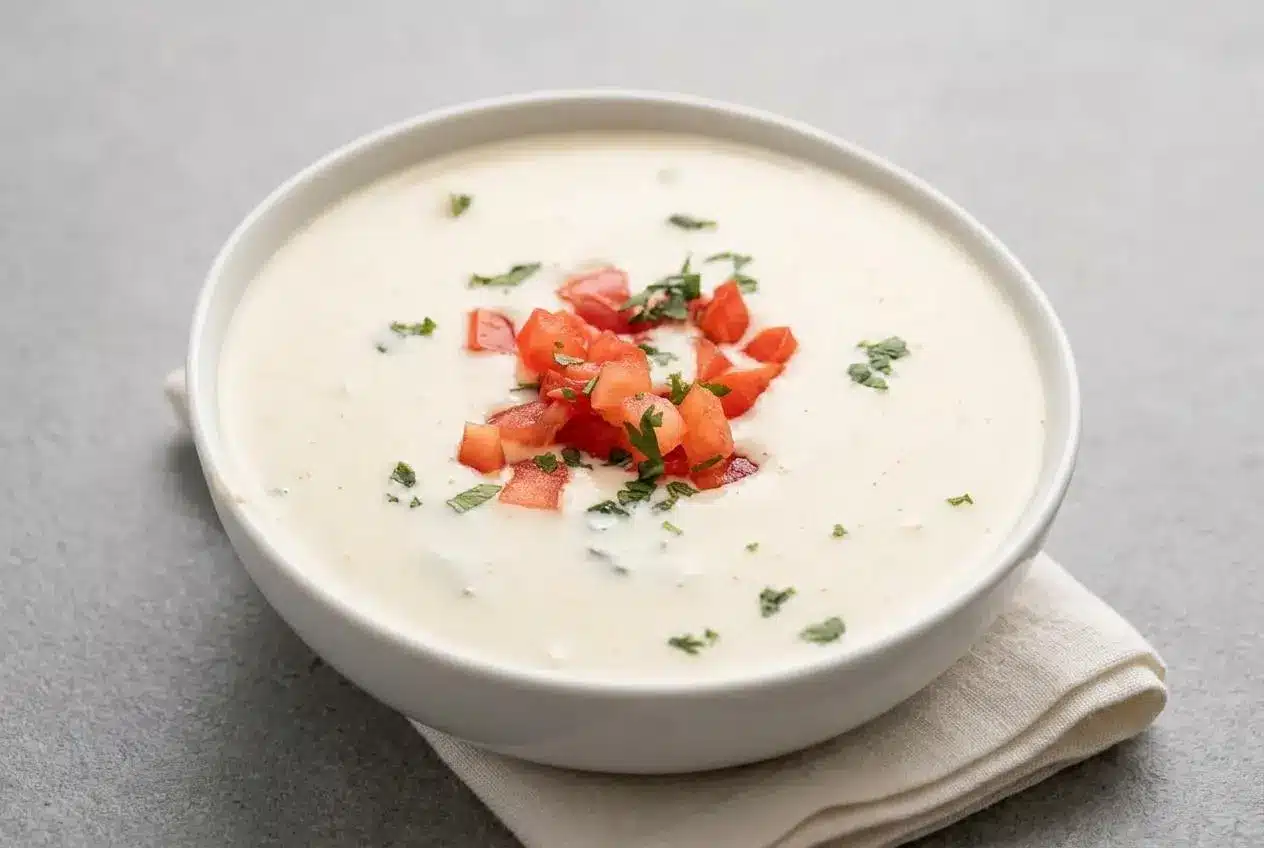 Silky white queso recipe served warm with a glossy finish and flecks of green chiles.