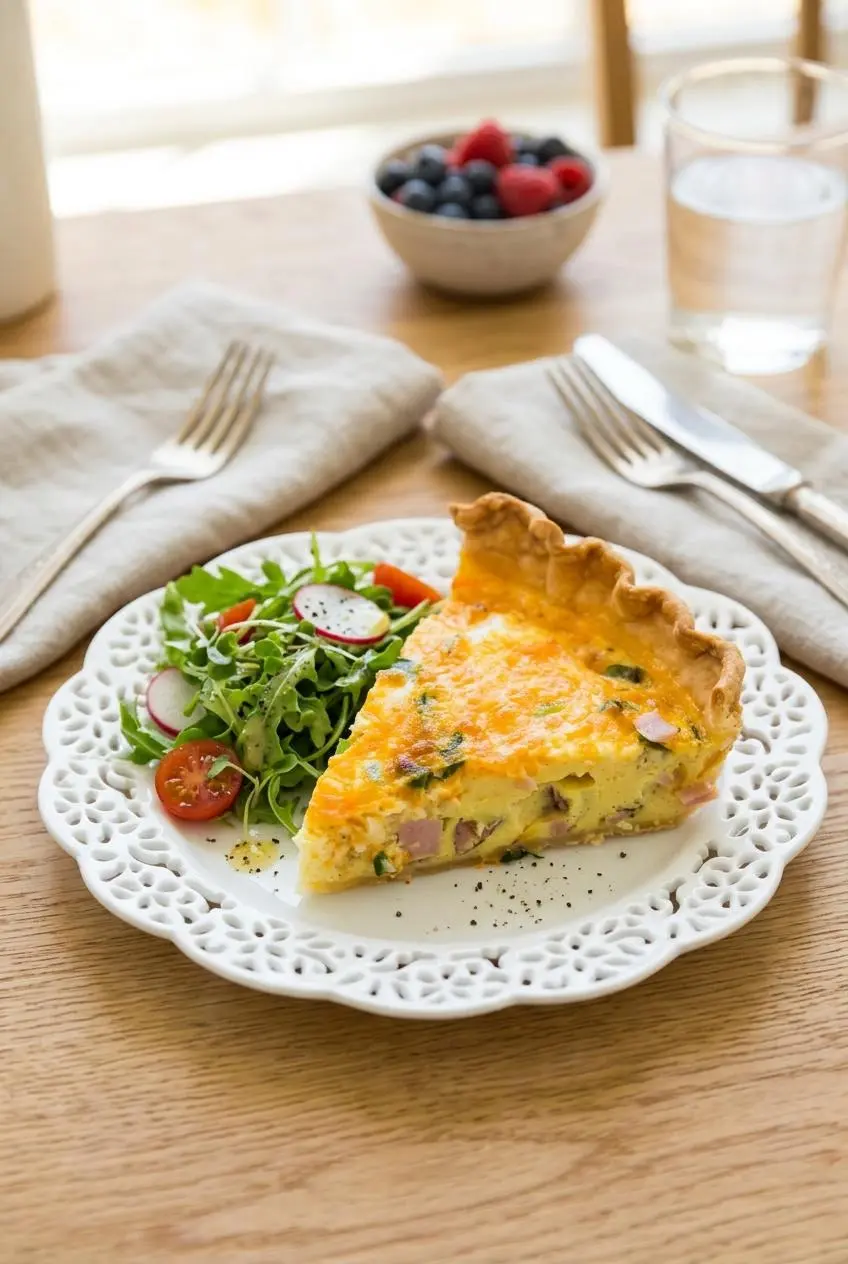 Plate of warm ham and cheddar quiche served alongside a fresh arugula salad and seasonal berries.
