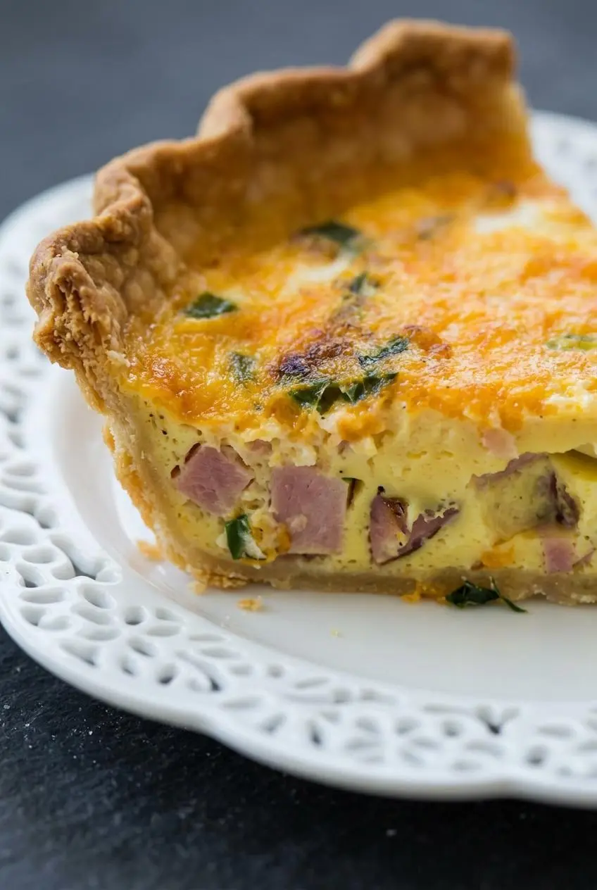 Close-up cross section of baked quiche showing flaky layered crust and velvety egg custard.