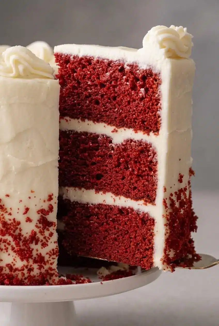 Close-up macro of tender red velvet cake crumb and swirls of white cream cheese frosting.