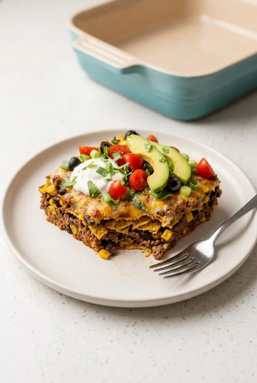 A neat square portion of reheated taco casserole on a white plate showing distinct layers of beef, beans, and cheese.