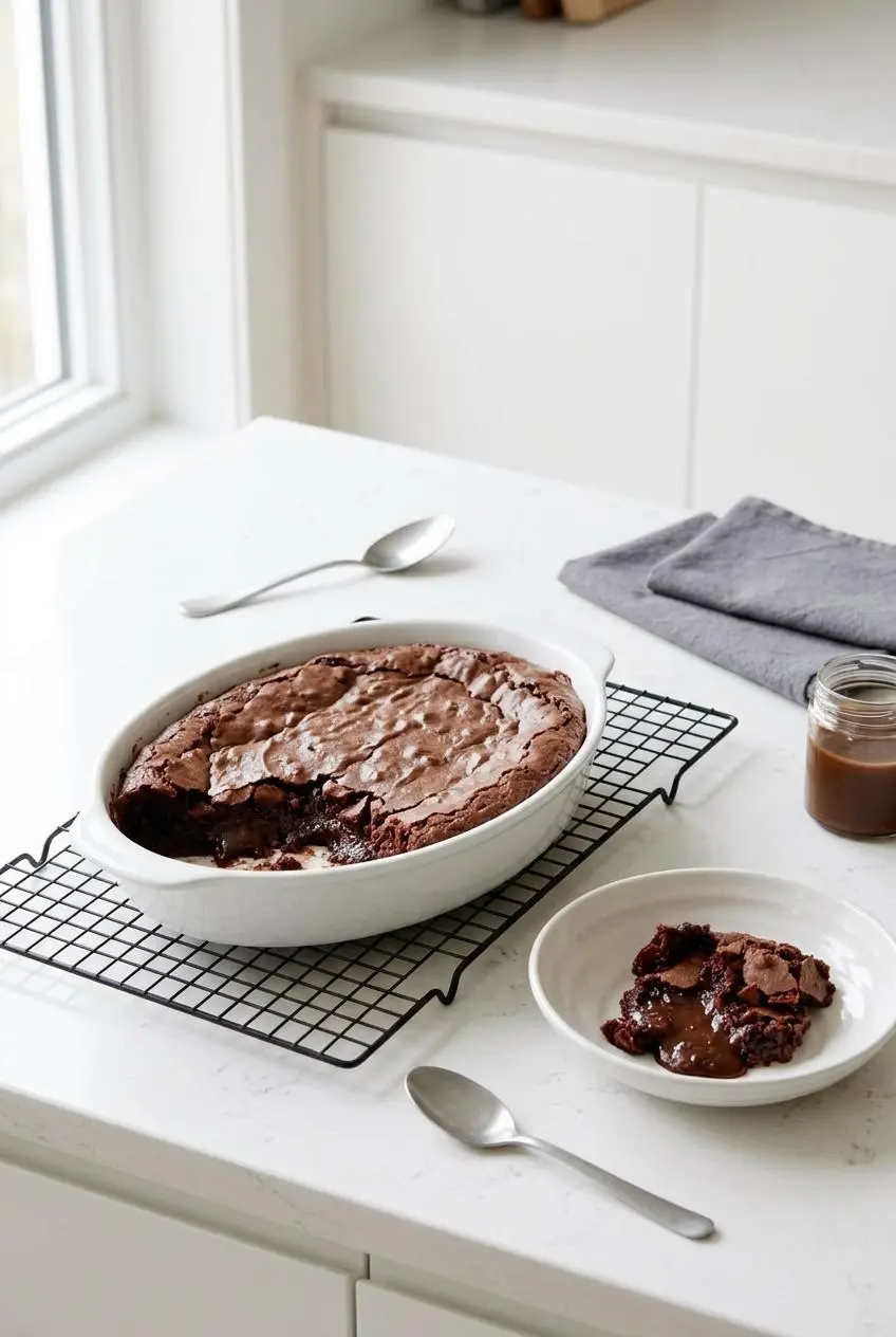 Brownie pudding in an oval baking dish on a cooling rack beside an individual dessert bowl on a counter.