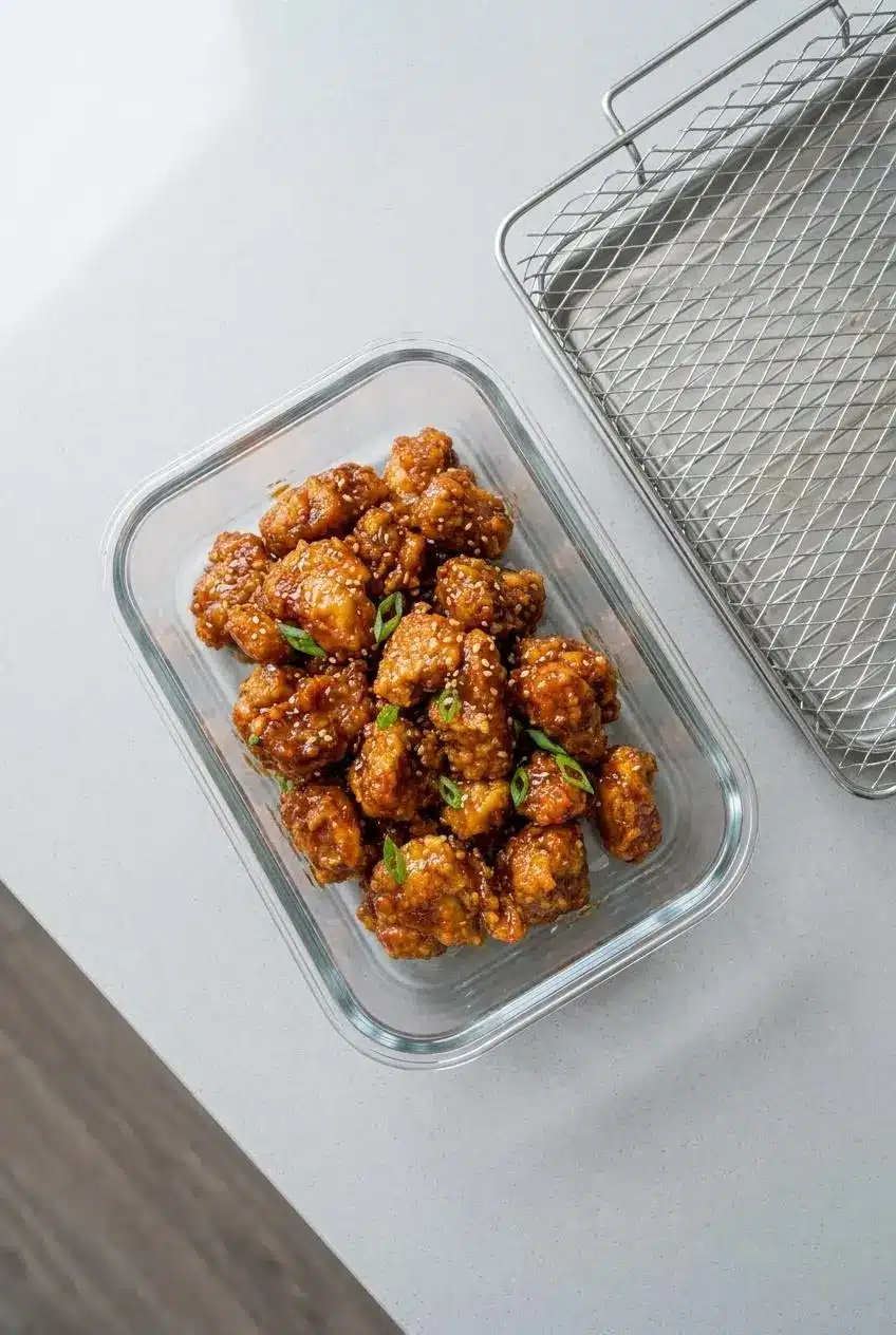 Cooked General Tso's chicken stored in a glass airtight container next to a toaster oven crisping tray.