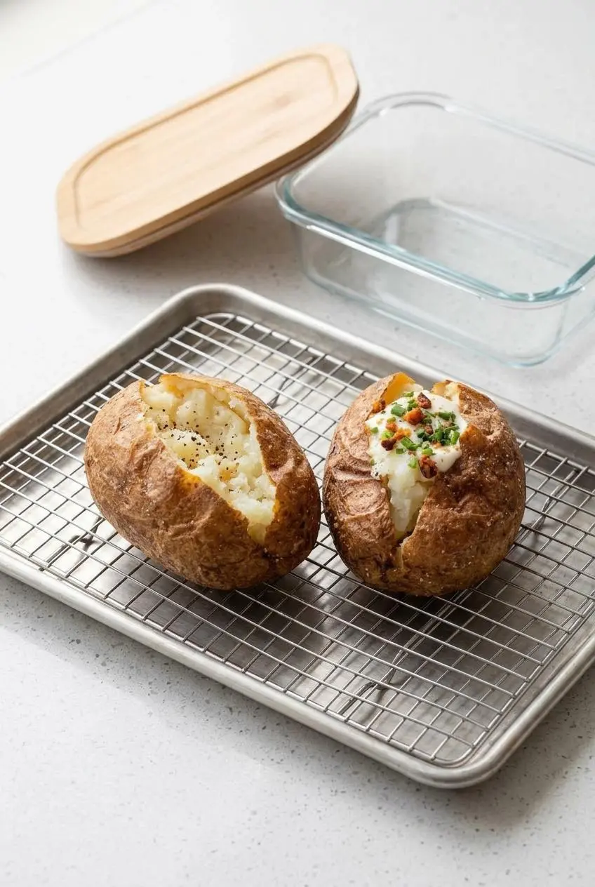 Whole baked potato on a stainless steel wire rack over a baking sheet for crispy skin reheating.