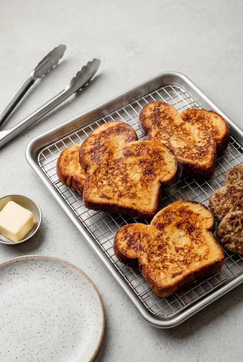 Reheated brioche french toast slices cooling on a stainless steel wire rack over a baking sheet.