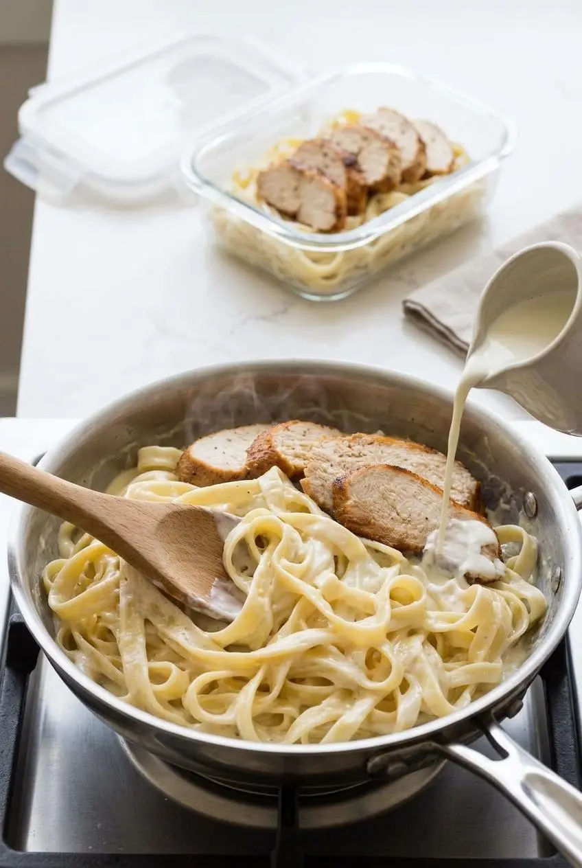 Stirring leftover chicken Alfredo in a skillet with a splash of cream next to a glass meal prep container.