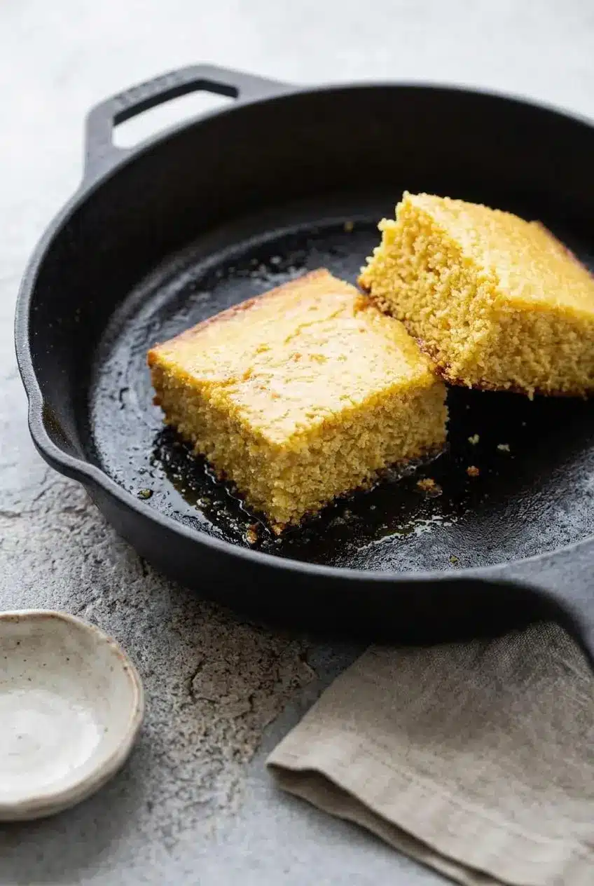Cornbread squares warming cut-side down in a cast iron skillet to revive their crisp, buttery crust.