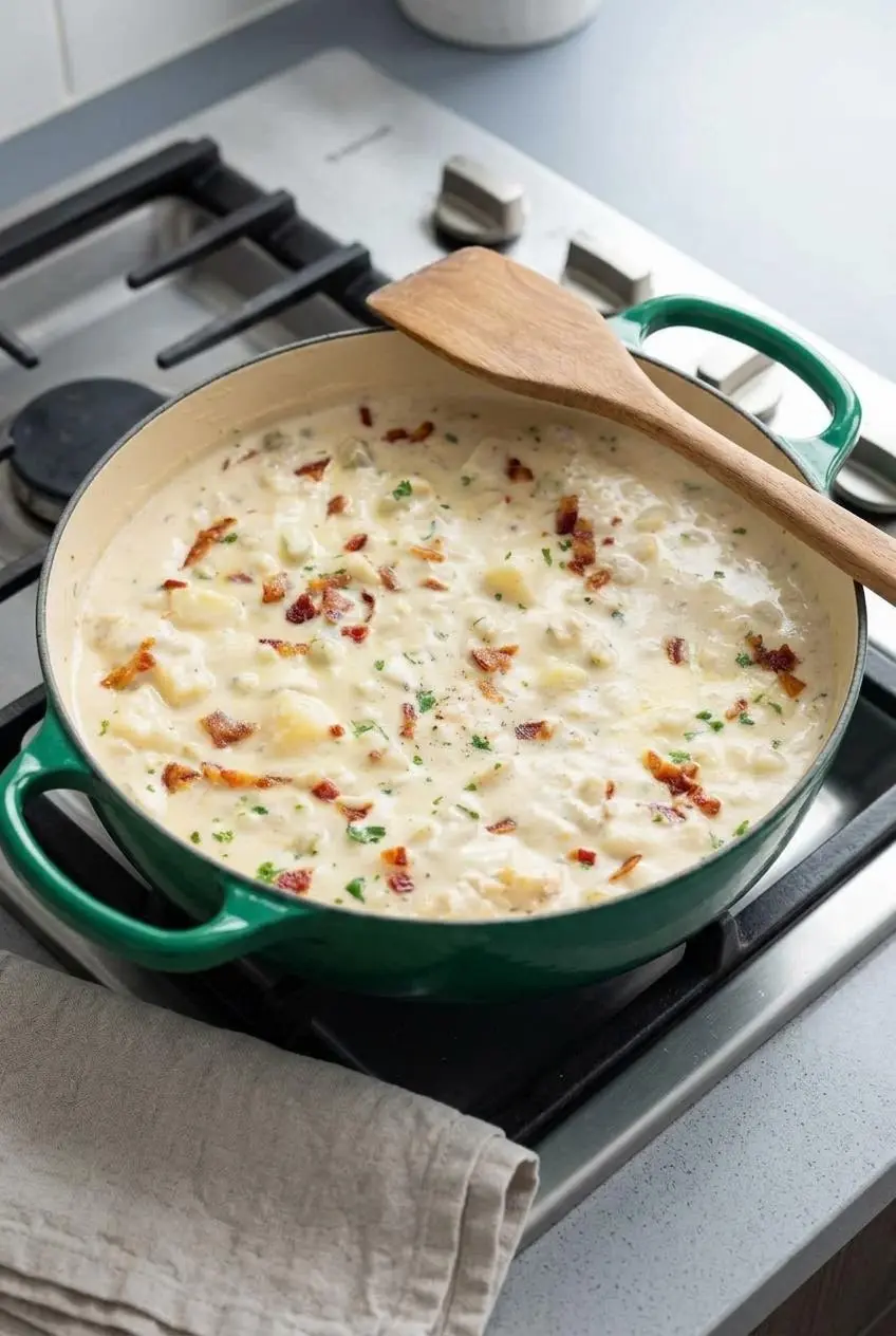 Gently reheating creamy clam chowder in an enamel Dutch oven pot, stirring with a wooden spatula.