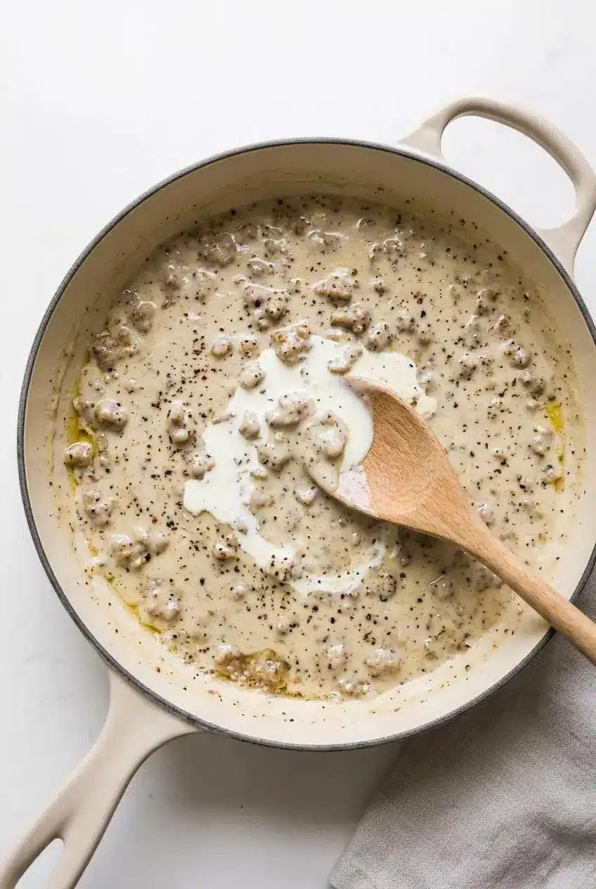 Wooden spoon swirling a splash of fresh dairy into gently warming sausage gravy in a skillet on the counter.