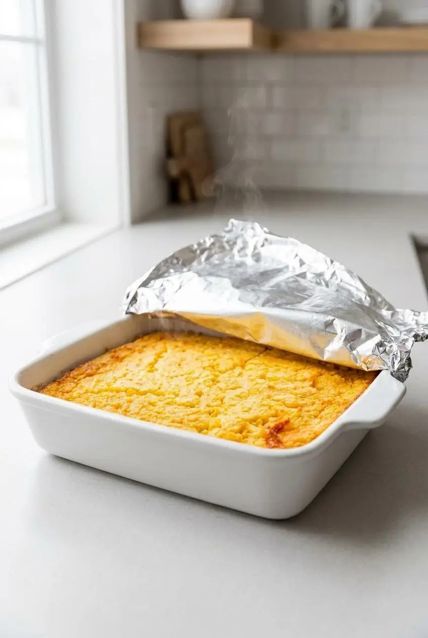 Sliced portions of baked corn casserole in a pan, loosely tented with aluminum foil for gentle reheating.