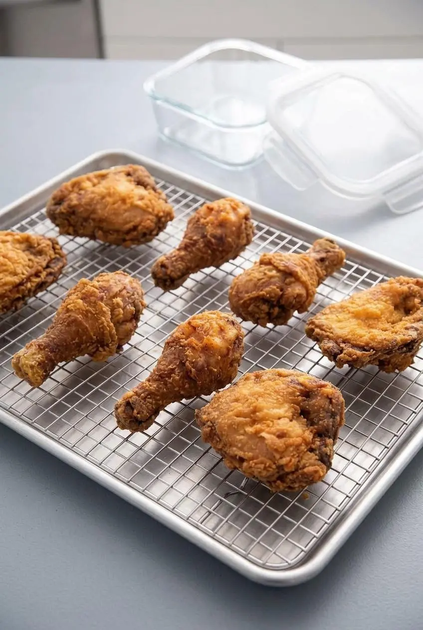 Fried chicken pieces resting on an elevated wire rack in a baking sheet next to a storage container.