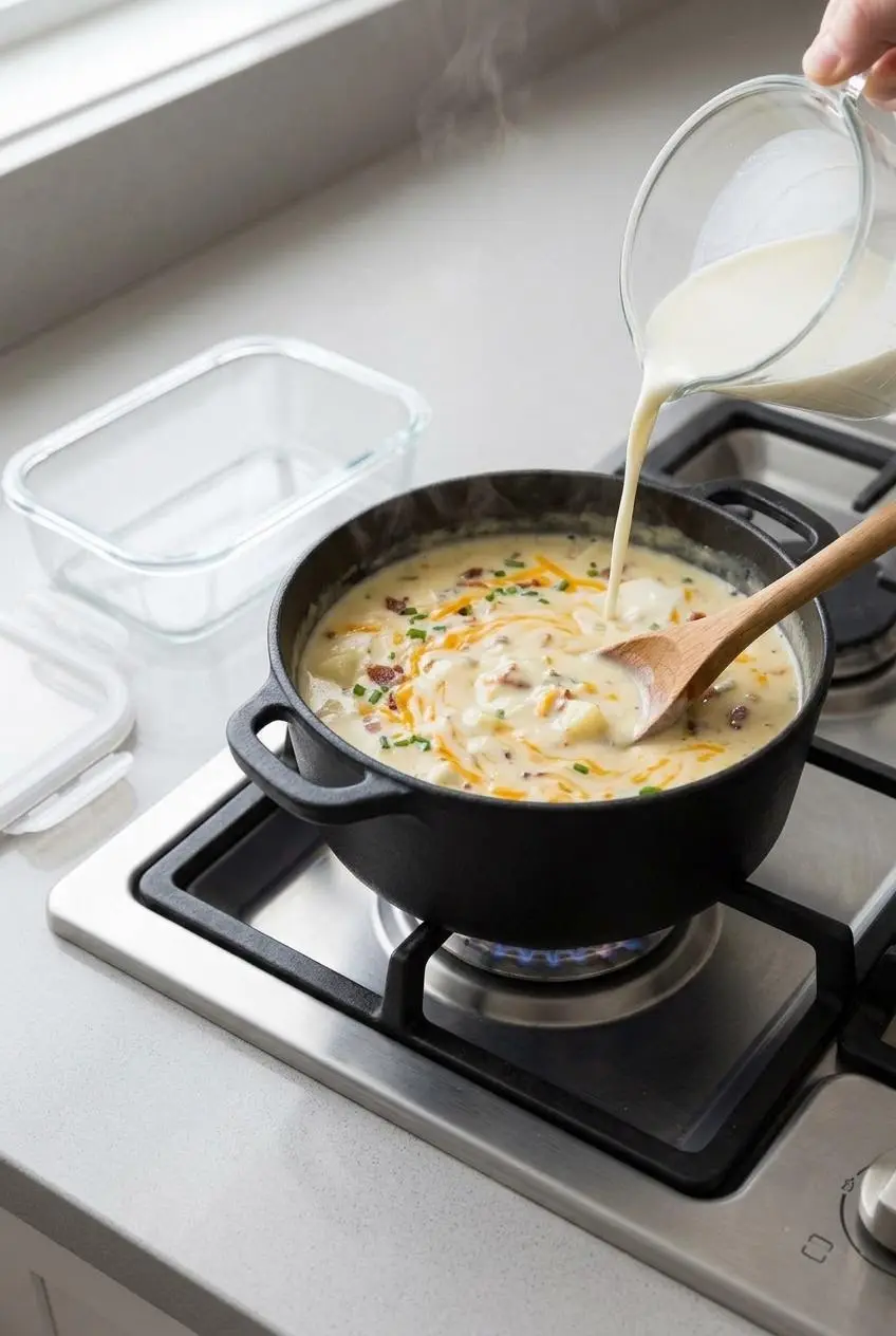 Reheating potato soup in a pot over low heat with a splash of milk stirred in alongside a glass storage container.