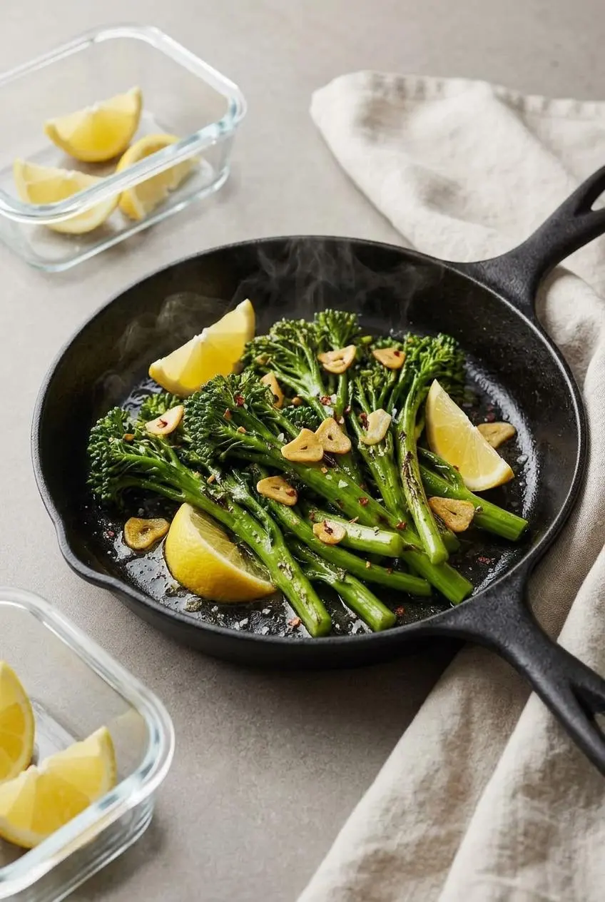 Cooked broccolini reheating in a shallow skillet next to a glass meal prep container.