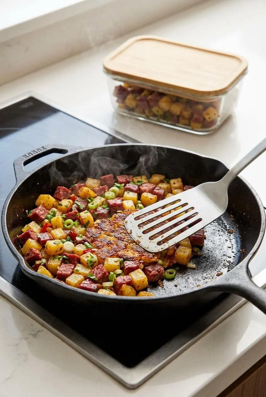 Spatula pressing leftover corned beef hash in a buttered skillet to recrisp next to a glass container.