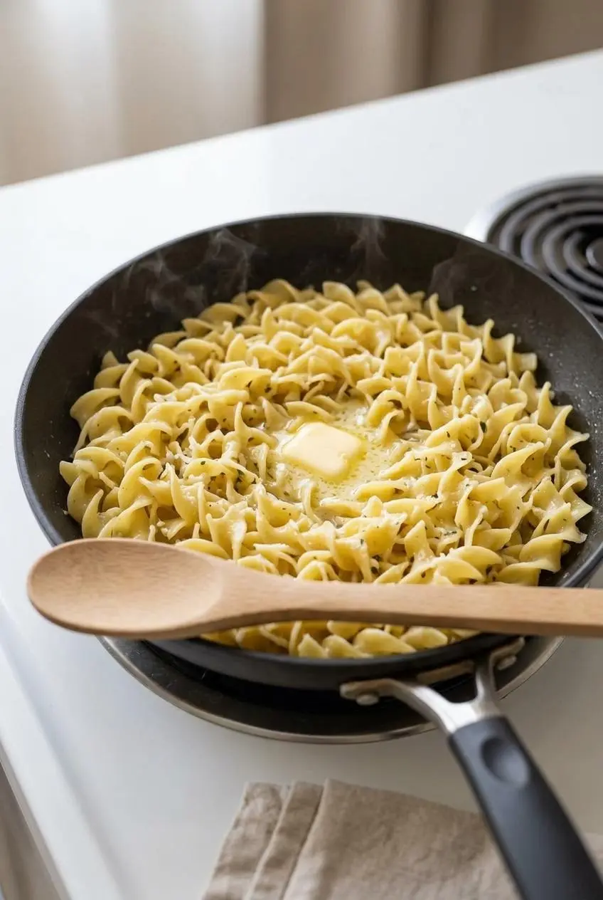 Reheating leftover egg noodles in a nonstick skillet with a small pat of butter