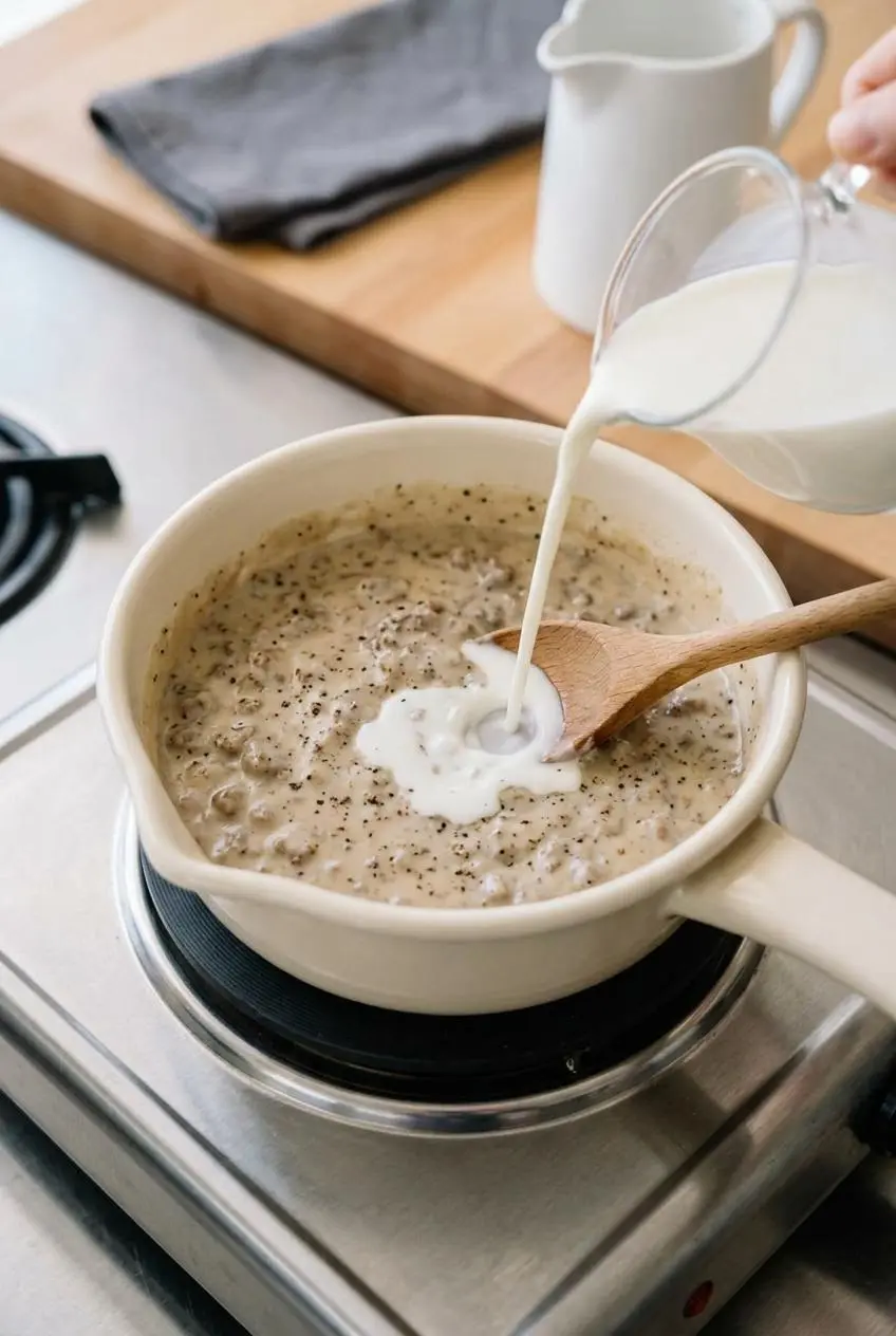 Reheating thick sausage gravy in a saucepan on the stove while stirring in a splash of fresh milk.