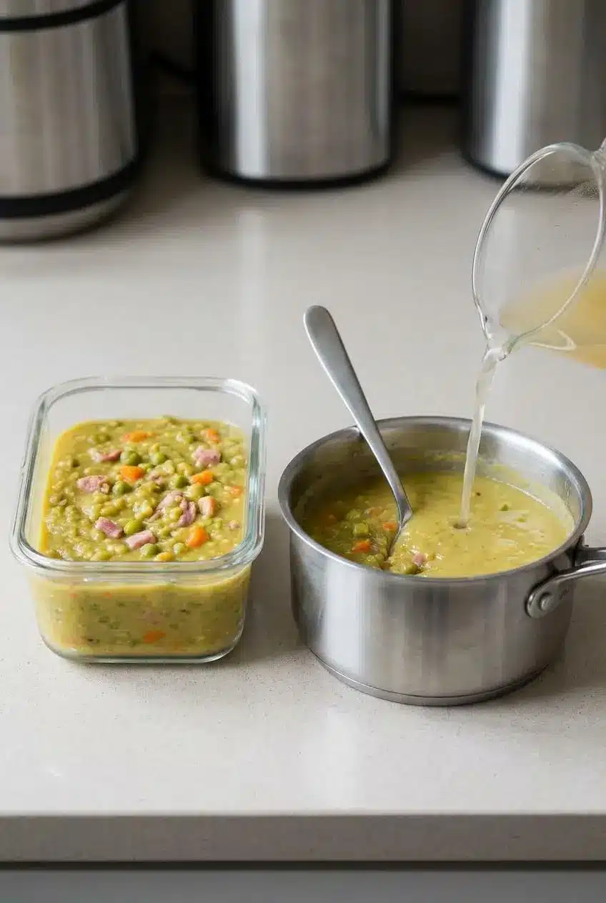 Leftover split pea soup in a glass storage container next to a saucepan reheating with a splash of broth.