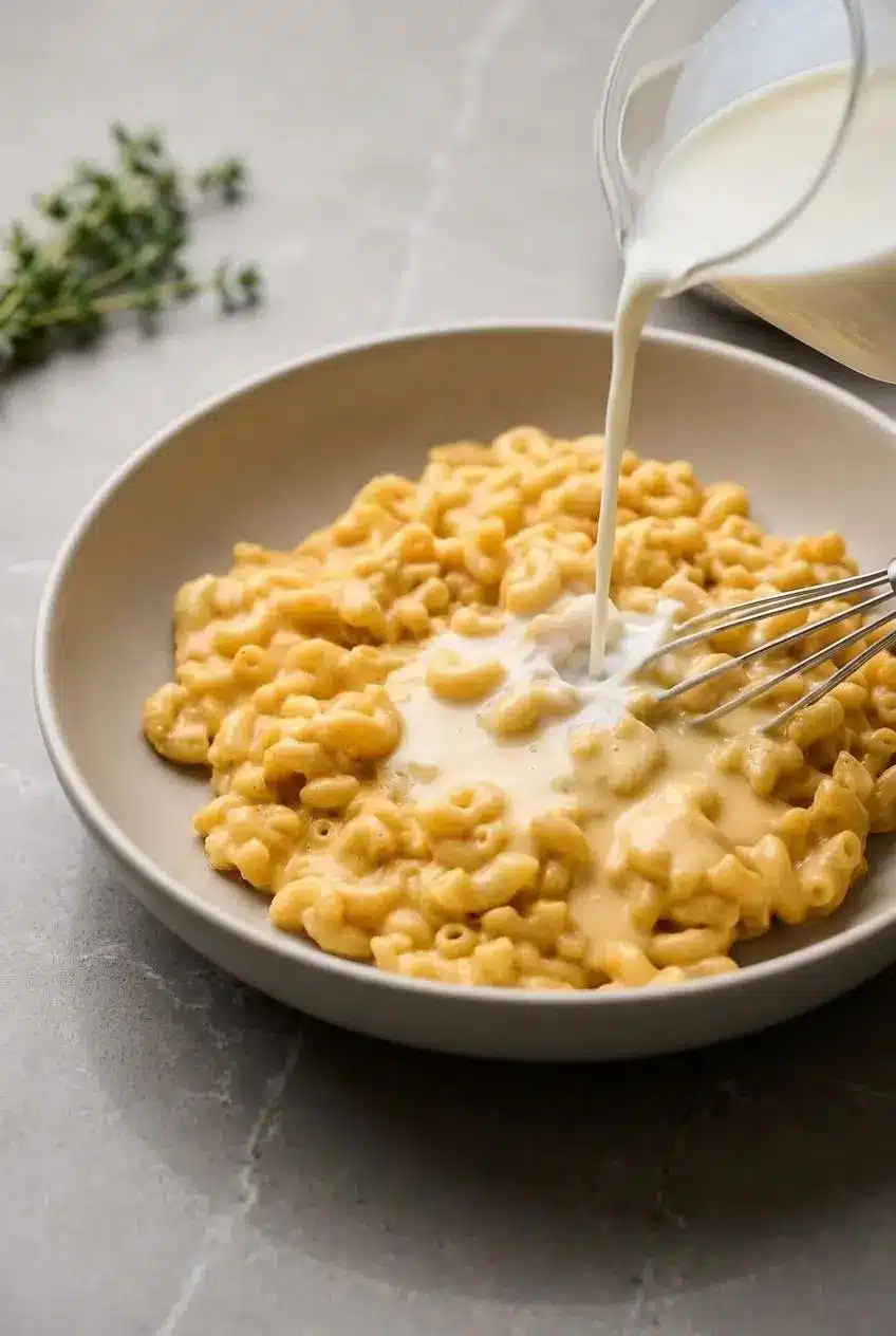 Adding a splash of milk to a bowl of leftover mac and cheese before gentle reheating.